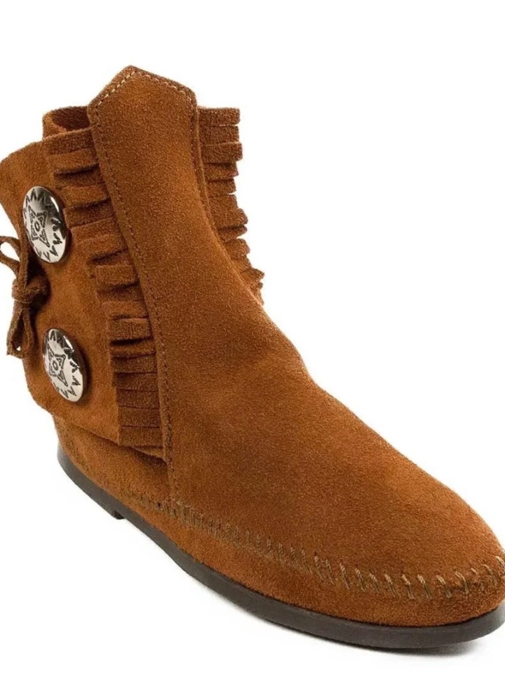 Minnetonka Chestnut Suede Fringe Ankle Boot with Concho Accents